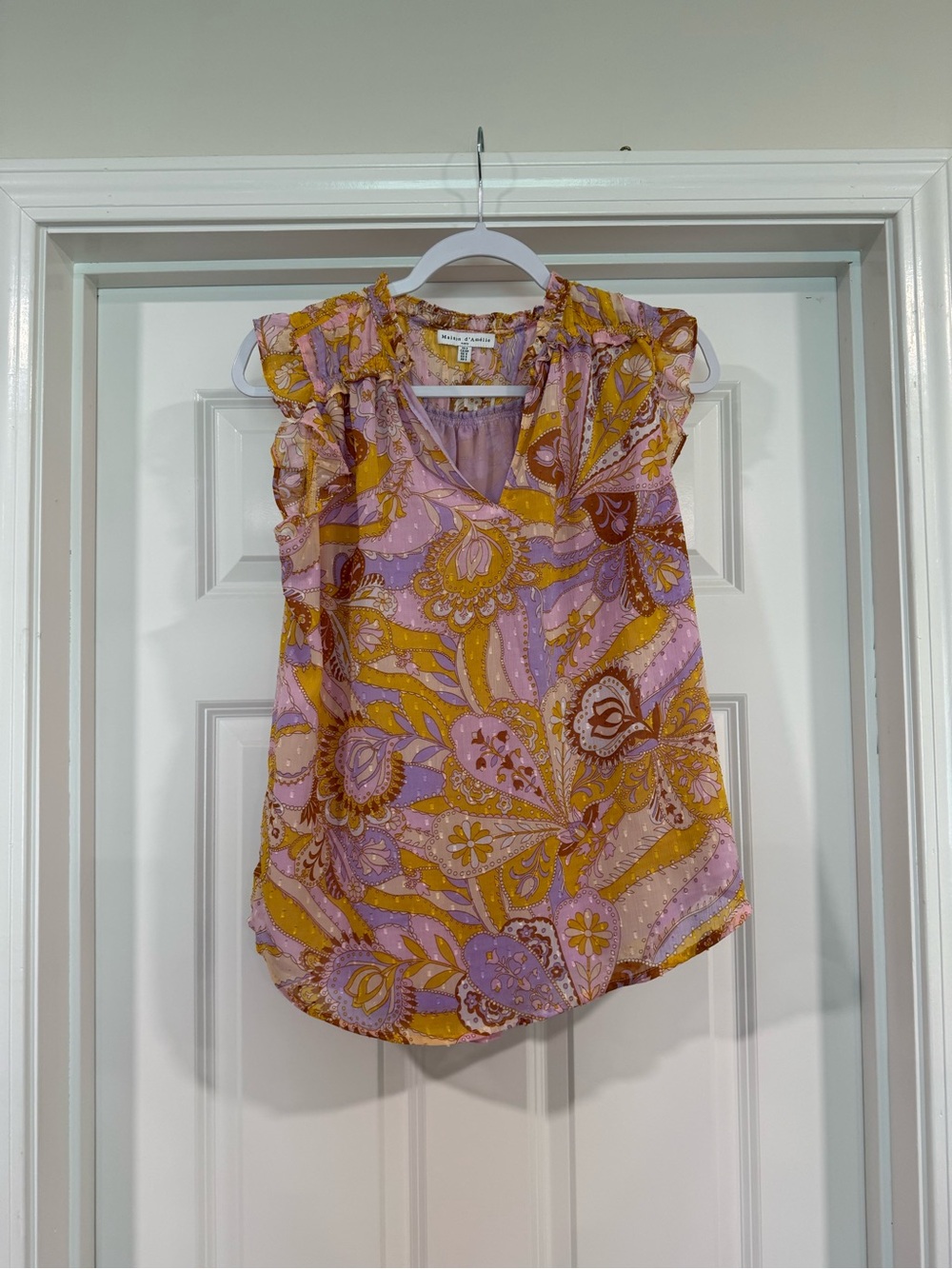 Maeve Pink & Mustard Paisley Ruffle Cap-Sleeve Shell